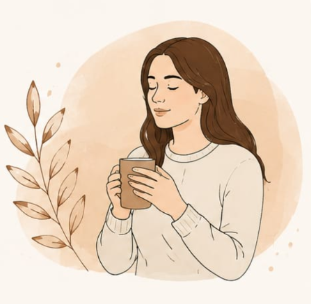 Ilustração de mulher adulta segurando uma xícara em momento de paz