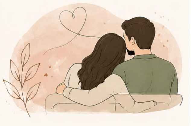 Ilustração de casal abraçado com coração desenhado