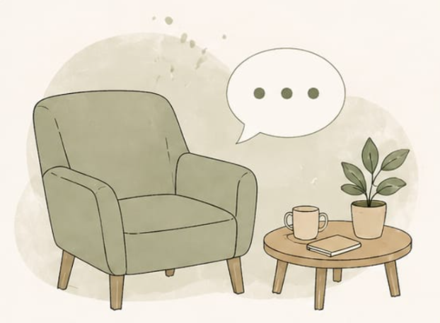 Ilustração de poltrona aconchegante com planta e balão de fala — espaço de supervisão clínica